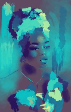 Saçında sarık olan siyah Afrikalı kadın. Siyahi kadını resmetmek. Sanat afro kızı, kafa sargısı