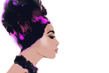 Saçında türbanla siyah bir kadın resmediyor.