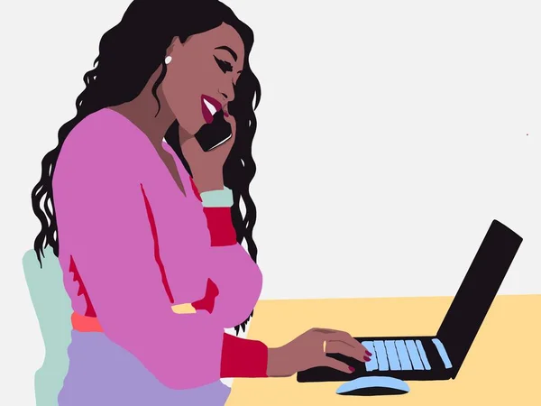 Svart Kvinna Med Afro Arbetar Bärbar Dator Office Learning Student — Stockfoto