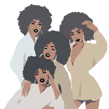 Bir grup Afrikalı afro kadın arkadaş gülüyor. Afro saçlı siyahi bir iş kadını. Siyah hayatlar önemlidir..