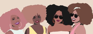 Bir grup Afrikalı afro kadın arkadaş gülüyor. Afro saçlı siyahi bir iş kadını. Siyah hayatlar önemlidir..