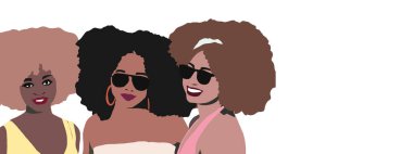 Bir grup Afrikalı afro kadın arkadaş gülüyor. Afro saçlı siyahi bir iş kadını. Siyah hayatlar önemlidir..