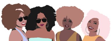 Bir grup Afrikalı afro kadın arkadaş gülüyor. Afro saçlı siyahi bir iş kadını. Siyah hayatlar önemlidir..