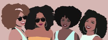 Bir grup Afrikalı afro kadın arkadaş gülüyor. Afro saçlı siyahi bir iş kadını. Siyah hayatlar önemlidir..