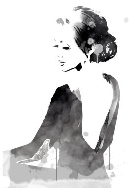 Kadın, soyut moda illüstrasyonuyla karşı karşıya