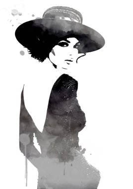 Kadın, soyut moda illüstrasyonuyla karşı karşıya