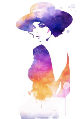 Kadın, soyut moda illüstrasyonuyla karşı karşıya