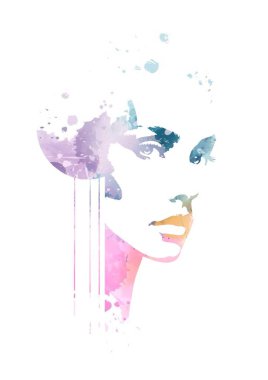 Kadın, soyut moda illüstrasyonuyla karşı karşıya