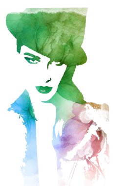 Kadın, soyut moda illüstrasyonuyla karşı karşıya