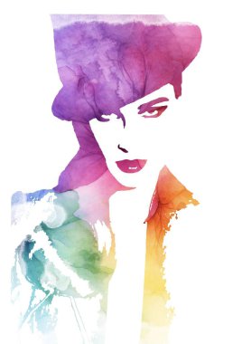 Kadın, soyut moda illüstrasyonuyla karşı karşıya