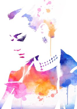 Kadın, soyut moda illüstrasyonuyla karşı karşıya