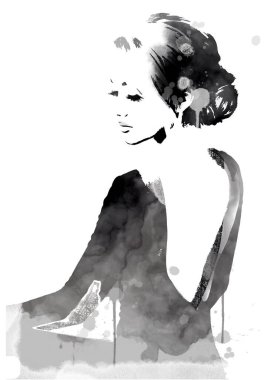 Kadın, soyut moda illüstrasyonuyla karşı karşıya