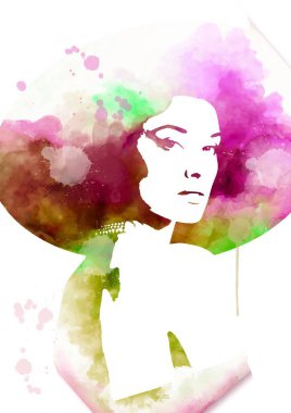 Kadın, soyut moda illüstrasyonuyla karşı karşıya