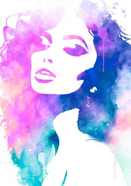 Kadın, soyut moda illüstrasyonuyla karşı karşıya