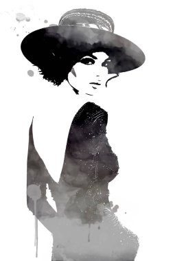 Kadın, soyut moda illüstrasyonuyla karşı karşıya