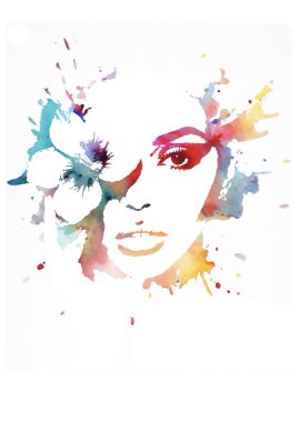 Yüz, suluboya boyayla soyut kadın portresi.