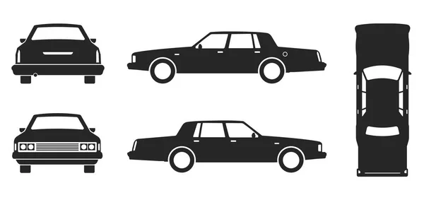 矢量轿车 侧面视图 正面视图 背面视图 顶部视图 卡通汽车平面风格 — 图库矢量图片