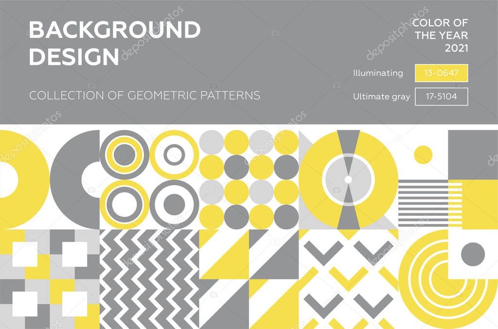 Geometric abstract pattern design of vector prints background with rectangles, squares and circles. Color of the year