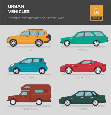 Şehir araçları. Farklı tip vektör arabalar: Sedan, hatchback, SUv, vagon, karavan, spor araba. Çizgi film düz illüstrasyon, grafik ve web tasarımı için otomatik.