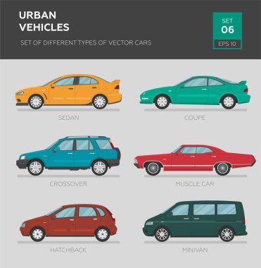 Şehir araçları. Farklı tip vektör arabaları: sedan, hatchback, crossover, minivan, coupe, kaslı araba. Çizgi film düz illüstrasyon, grafik ve web tasarımı için otomatik.