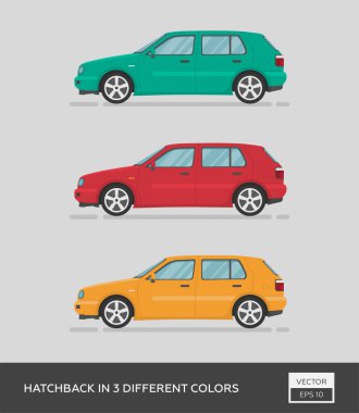 Şehir aracı. Hatchback 'in 3 farklı rengi var. Çizgi film düz illüstrasyon, grafik ve web tasarımı için otomatik.