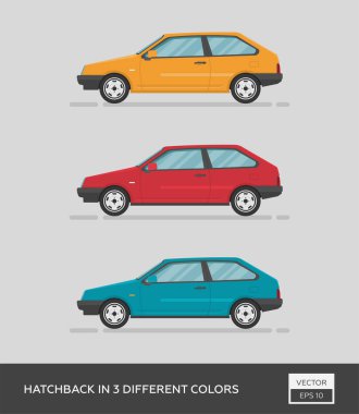 Şehir aracı. Hatchback 'in 3 farklı rengi var. Çizgi film düz illüstrasyon, grafik ve web tasarımı için otomatik.