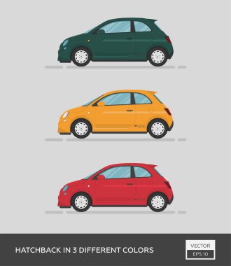 Şehir aracı. Hatchback 'in 3 farklı rengi var. Çizgi film düz illüstrasyon, grafik ve web tasarımı için otomatik.