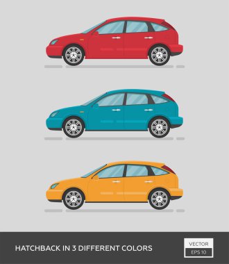 Şehir aracı. Hatchback 'in 3 farklı rengi var. Çizgi film düz illüstrasyon, grafik ve web tasarımı için otomatik.
