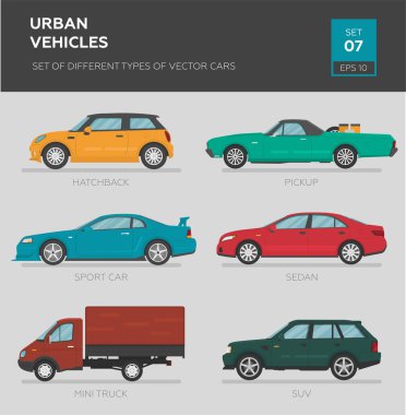 Şehir araçları. Farklı tip vektör arabalar: sedan, hatchback, cip, pikap, mini kamyon, spor araba. Çizgi film düz illüstrasyon, grafik ve web tasarımı için otomatik.