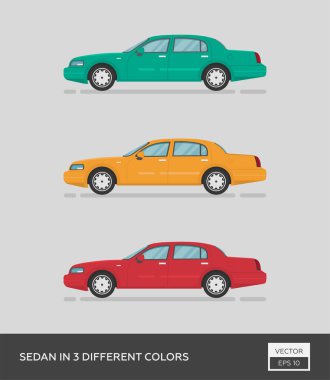 Şehir aracı. Üç farklı renkte sedan. Çizgi film düz illüstrasyon, grafik ve web tasarımı için otomatik.