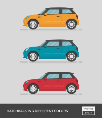 Şehir aracı. Hatchback 'in 3 farklı rengi var. Çizgi film düz illüstrasyon, grafik ve web tasarımı için otomatik.