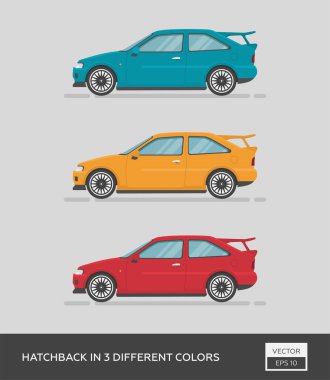 Şehir aracı. Hatchback 'in 3 farklı rengi var. Çizgi film düz illüstrasyon, grafik ve web tasarımı için otomatik.