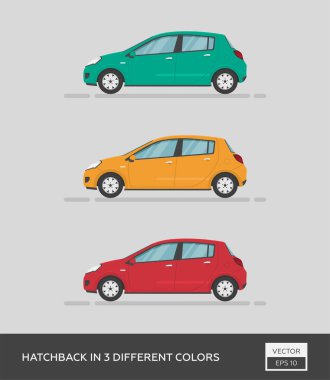 Şehir aracı. Hatchback 'in 3 farklı rengi var. Çizgi film düz illüstrasyon, grafik ve web tasarımı için otomatik.