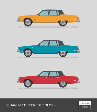 Şehir aracı. Üç farklı renkte sedan. Çizgi film düz illüstrasyon, grafik ve web tasarımı için otomatik.