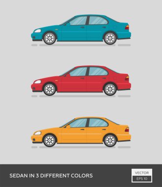 Şehir aracı. Üç farklı renkte sedan. Çizgi film düz illüstrasyon, grafik ve web tasarımı için otomatik.