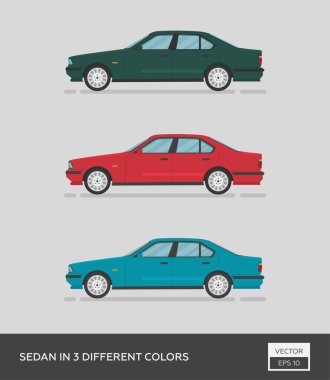 Şehir aracı. Üç farklı renkte sedan. Çizgi film düz illüstrasyon, grafik ve web tasarımı için otomatik.