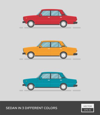 Şehir aracı. Üç farklı renkte sedan. Çizgi film düz illüstrasyon, grafik ve web tasarımı için otomatik.