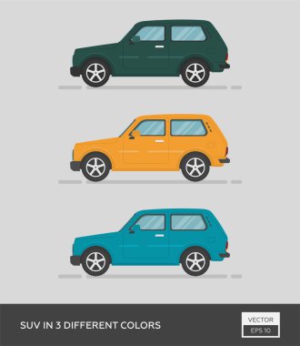Şehir aracı. 3 farklı renkte SUV. Çizgi film düz illüstrasyon, grafik ve web tasarımı için otomatik.
