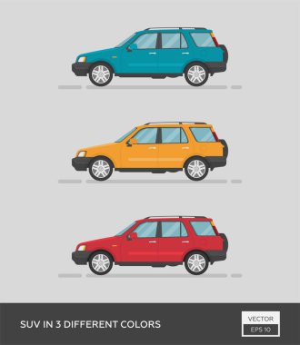 Şehir aracı. 3 farklı renkte SUV. Çizgi film düz illüstrasyon, grafik ve web tasarımı için otomatik.