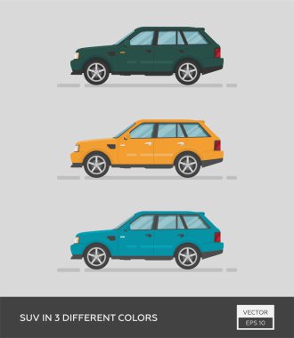 Şehir aracı. 3 farklı renkte SUV. Çizgi film düz illüstrasyon, grafik ve web tasarımı için otomatik.
