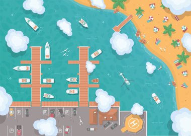 Düz bir iskelenin tasviri. Üst Manzara. Okyanusun ortasındaki ada. Yatlar, tekneler, limanda deniz taşımacılığı. Helikopter okyanusun üzerinde uçar. Yaz, deniz, kum, şemsiye, palmiye.