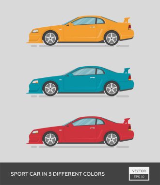 Şehir aracı. 3 farklı renkte spor araba. Çizgi film düz illüstrasyon, grafik ve web tasarımı için otomatik.