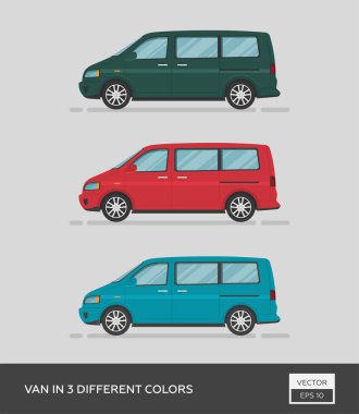 Şehir aracı. 3 farklı renkte minibüs. Çizgi film düz illüstrasyon, grafik ve web tasarımı için otomatik.