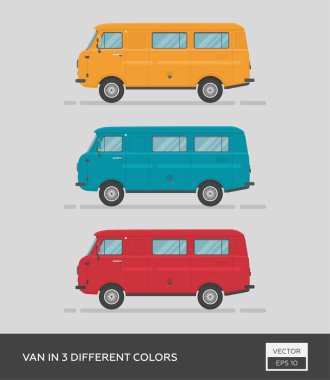 Şehir aracı. 3 farklı renkte minibüs. Çizgi film düz illüstrasyon, grafik ve web tasarımı için otomatik.