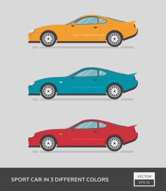 Şehir aracı. 3 farklı renkte spor araba. Çizgi film düz illüstrasyon, grafik ve web tasarımı için otomatik.