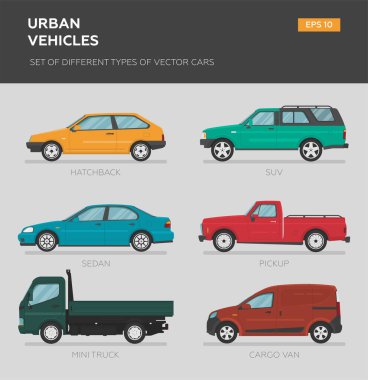 Şehir araçları. Farklı tip vektör arabaları: sedan, hatchback, minivan, pikap, cip, targa. Çizgi film düz çizim. Grafik ve web tasarımı için otomatik.