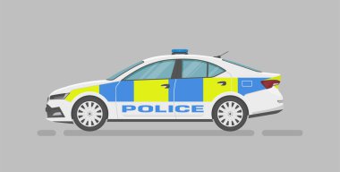 Vektör sedan. İngiliz polis arabası. Çizgi film düz çizim, grafik ve web tasarımı için otomatik. Yan görünüm.
