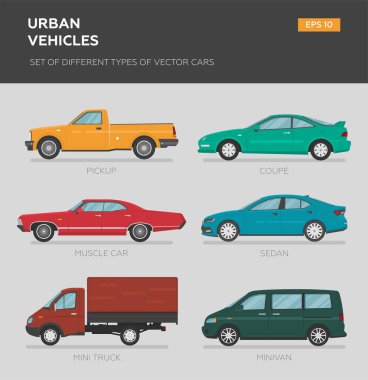 Şehir araçları. Farklı tip vektör arabalar: Sedan, hatchback, minivan, pikap, SUV, station wagon. Çizgi film düz çizim. Grafik ve web tasarımı için otomatik.