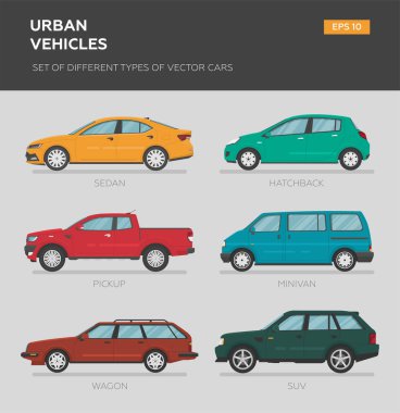 Şehir araçları. Farklı tip vektör arabalar: Sedan, hatchback, minivan, pikap, SUV, station wagon. Çizgi film düz çizim. Grafik ve web tasarımı için otomatik.