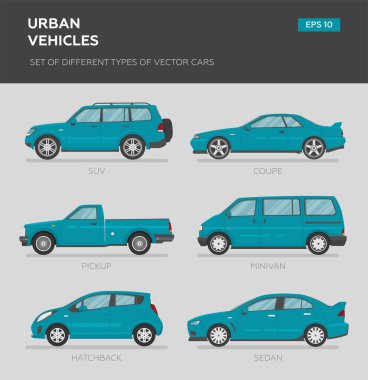 Şehir araçları. Farklı tip vektör arabalar: Sedan, hatchback, minivan, pikap, SUV, station wagon. Çizgi film düz çizim. Grafik ve web tasarımı için otomatik.